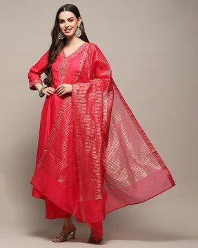 women embroidered flared kurta with palazzos & dupatta