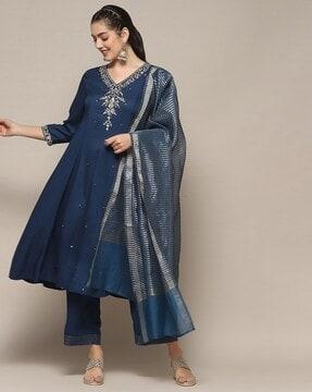 women embroidered flared kurta with palazzos & dupatta