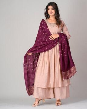 women embroidered flared kurta with palazzos & dupatta