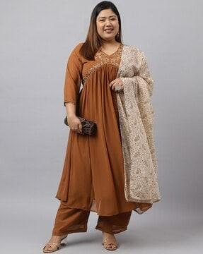 women embroidered flared kurta with palazzos & dupatta