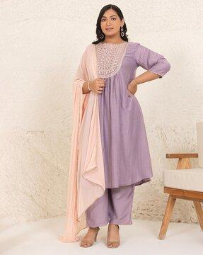 women embroidered flared kurta with palazzos & dupatta