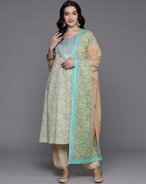 women embroidered flared kurta with pants & dupatta