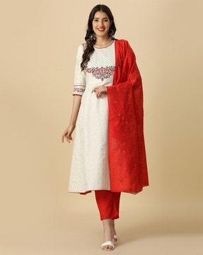 women embroidered flared kurta with pants & dupatta