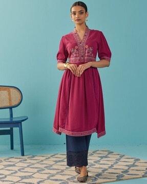 women embroidered flared kurta