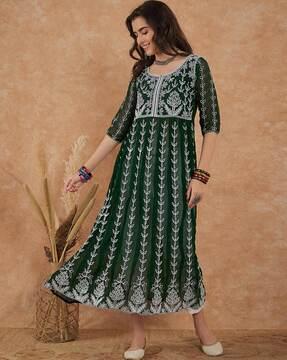 women embroidered flared kurta