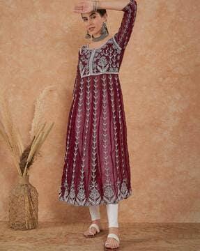 women embroidered flared kurta