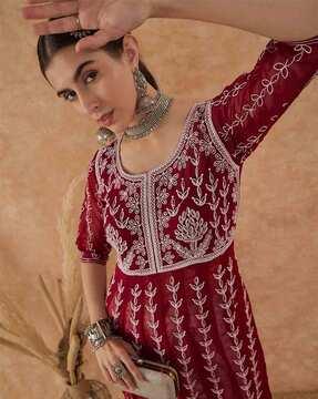 women embroidered flared kurta