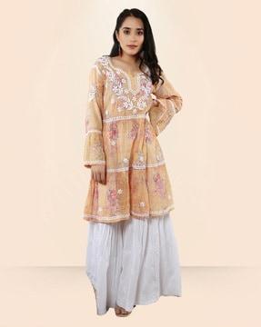 women embroidered flared kurta