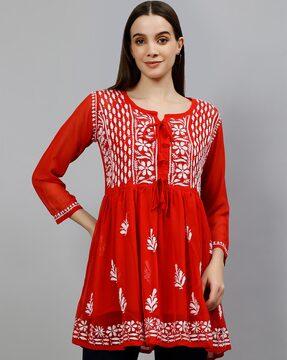 women embroidered flared kurti with camisole