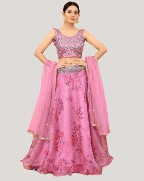 women embroidered flared lehenga choli set with dupatta