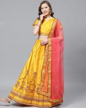 women embroidered flared lehenga choli set with dupatta