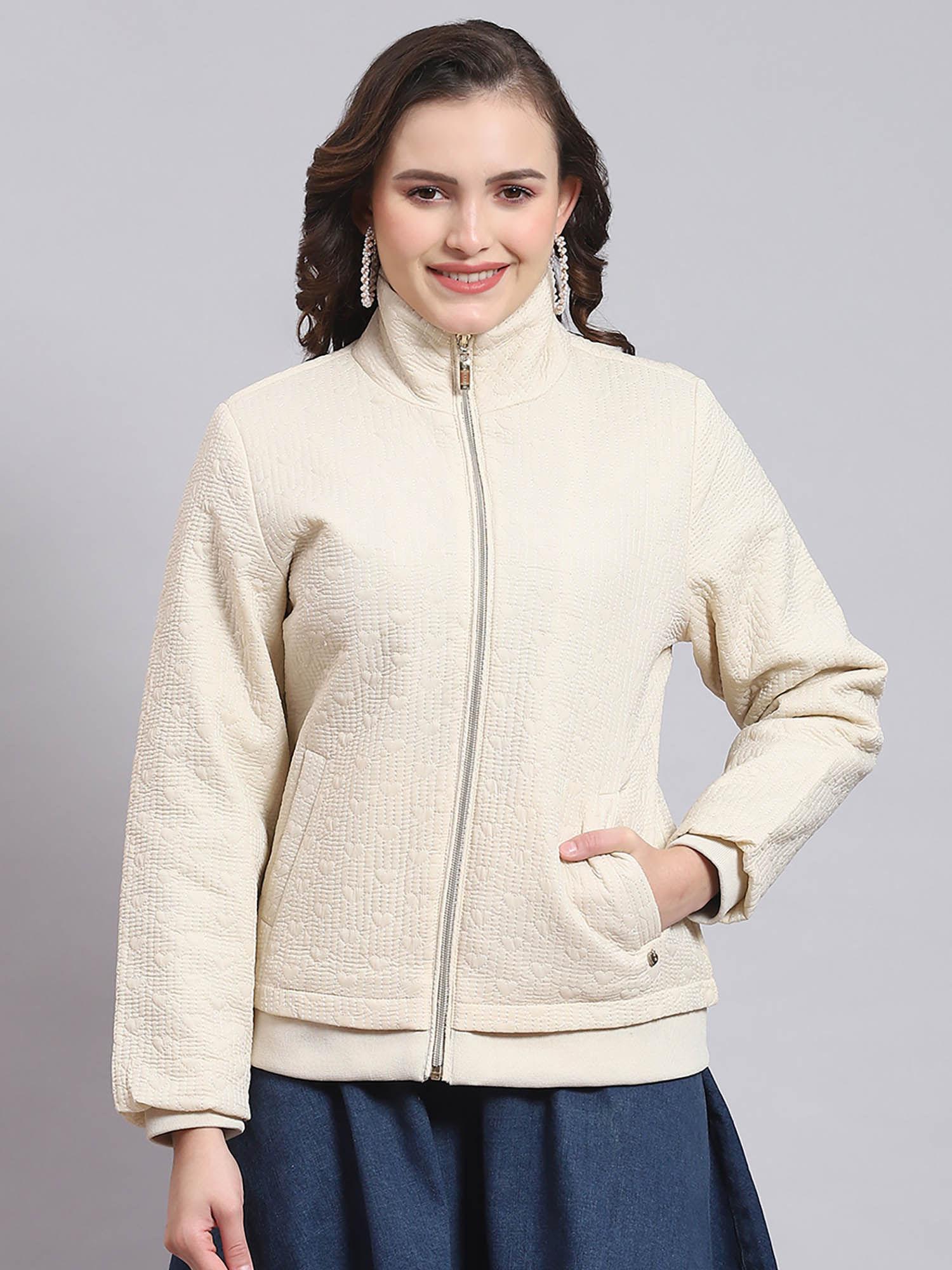 women embroidered full sleeves high neck beige winter jacket