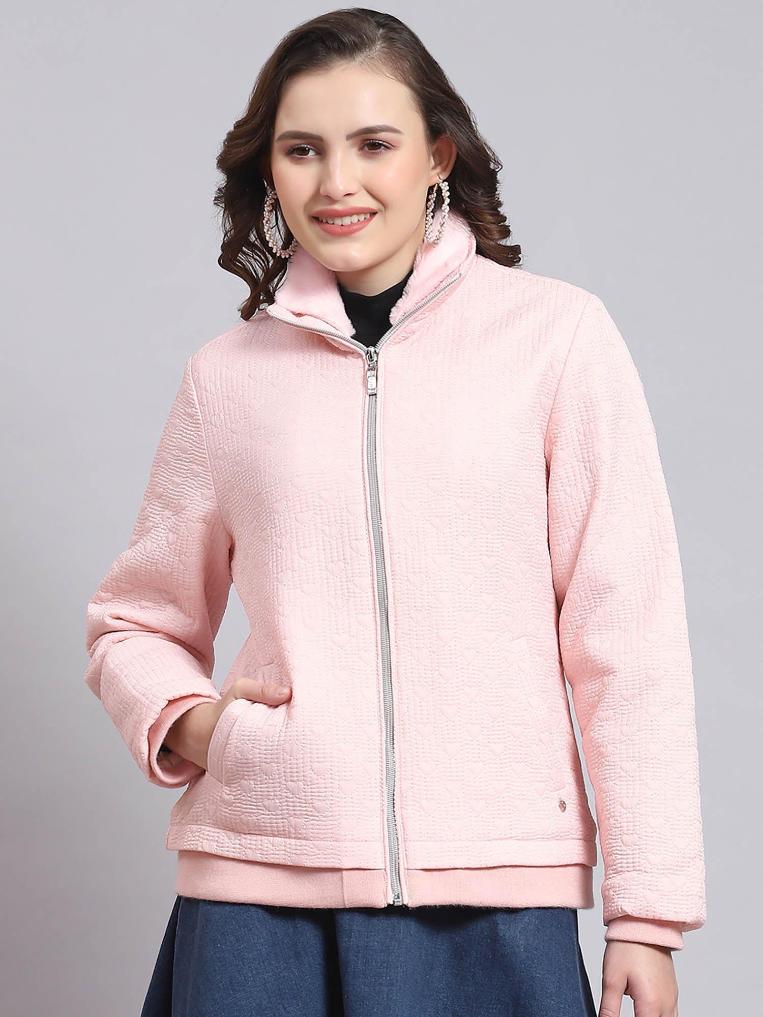 women embroidered full sleeves high neck pink winter jacket