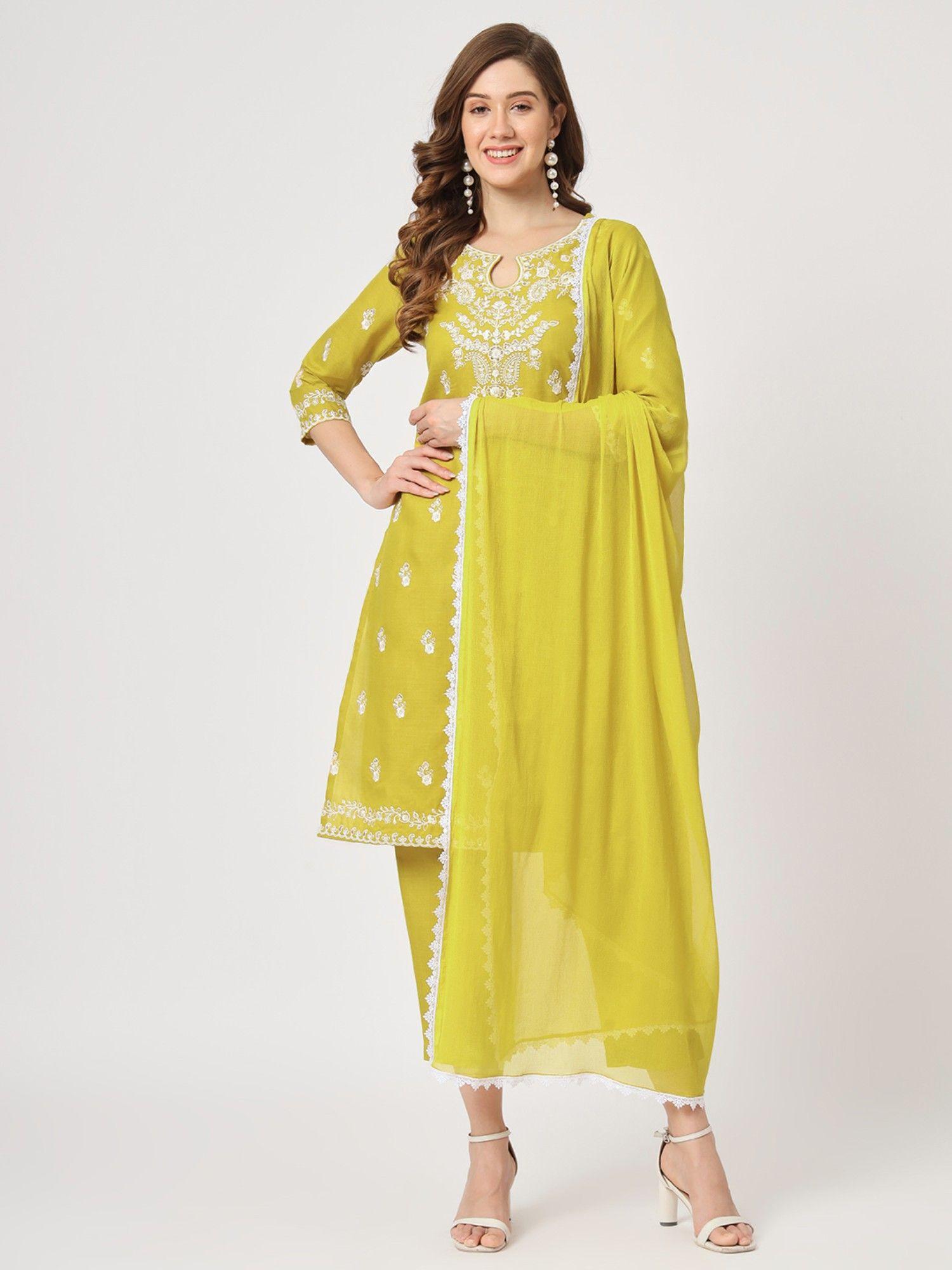 women embroidered green kurta with matching pant and lace detailed dupatta (set of 3)