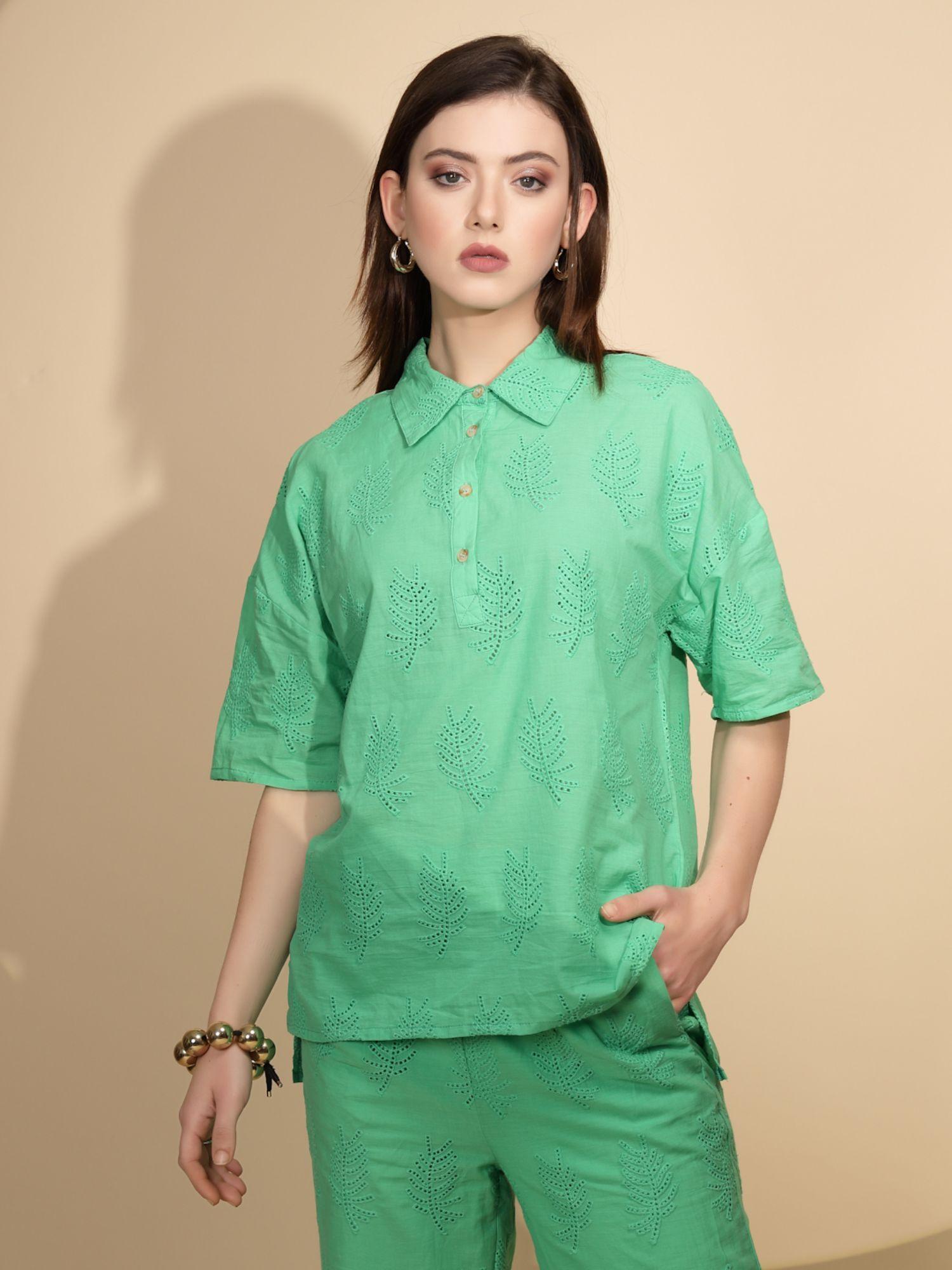 women embroidered green three fourth sleeves collar neck top