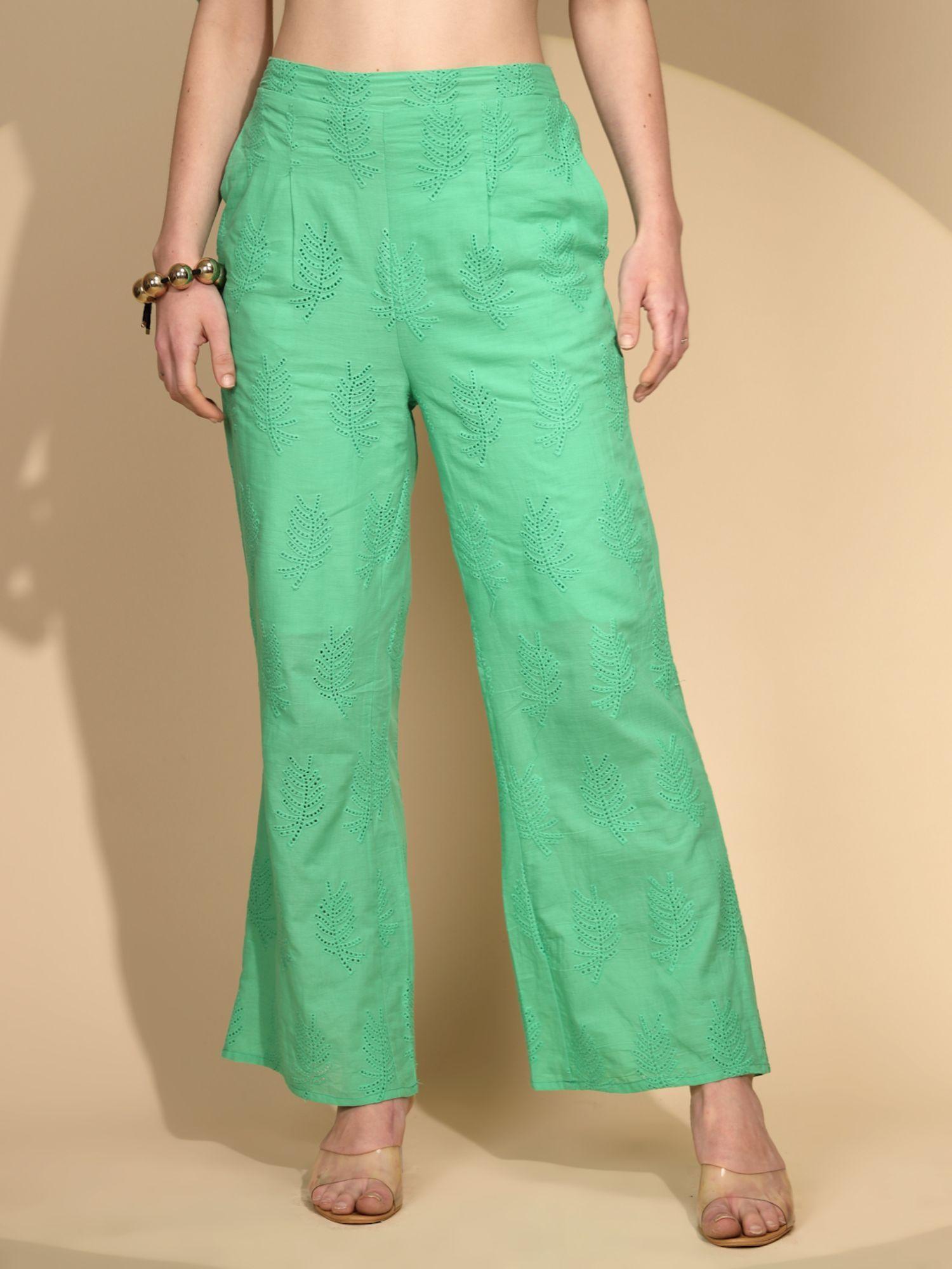 women embroidered green wide leg pant