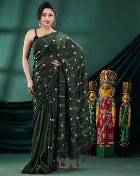 women embroidered handloom saree with tassels