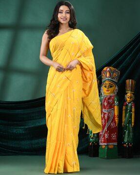 women embroidered handloom saree with tassels