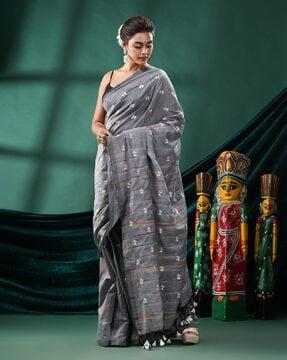women embroidered handloom saree with tassels