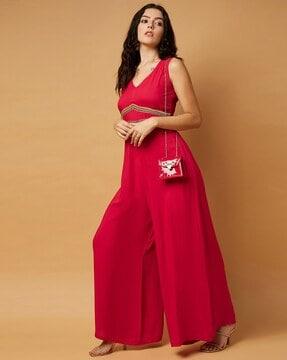women embroidered jumpsuit with v-neck