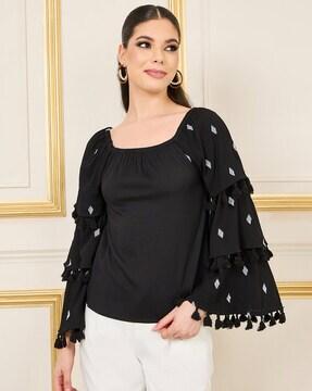 women embroidered layer tassel detail sleeves blouse