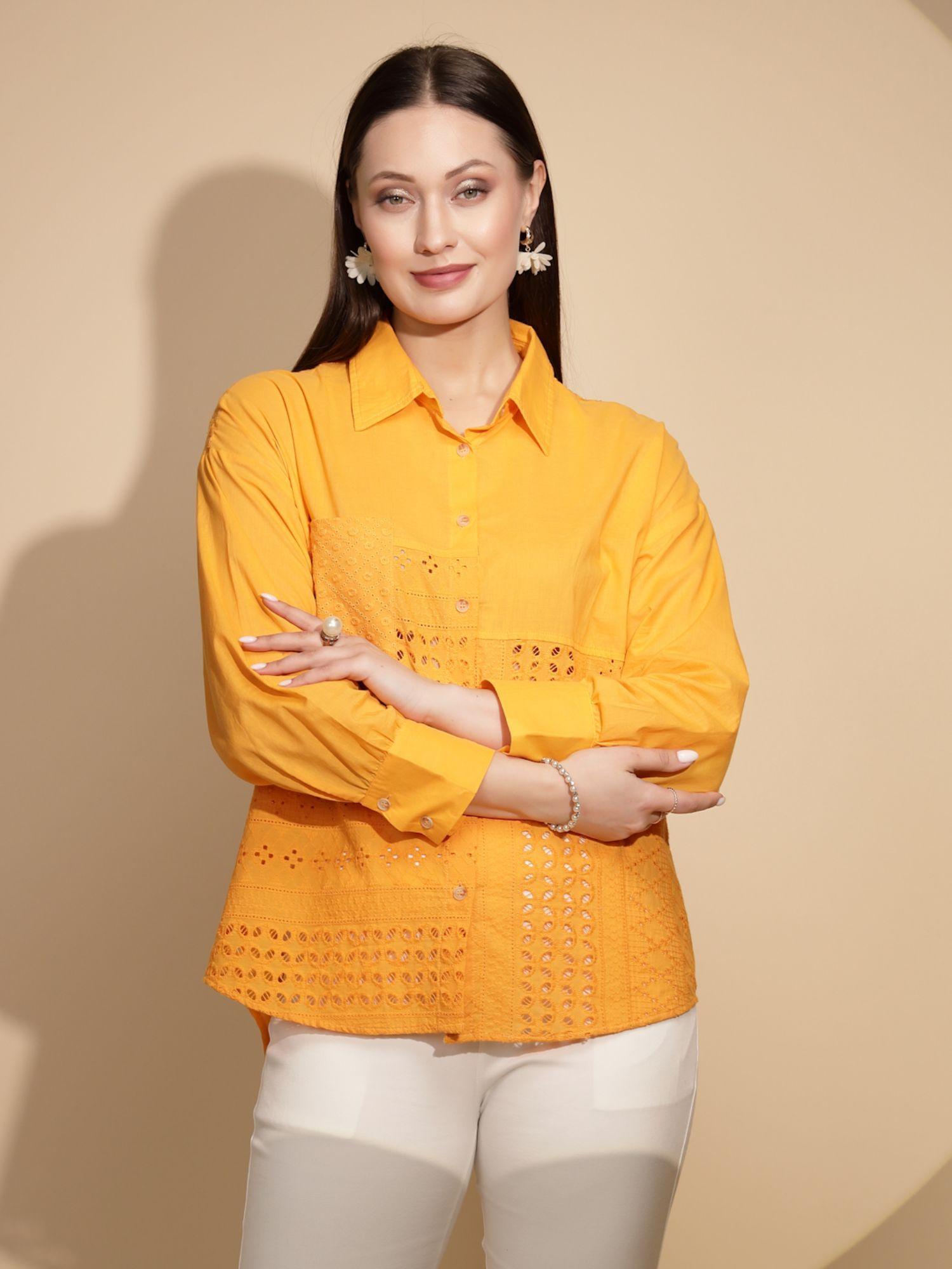 women embroidered mustard full sleeves collar neck shirt