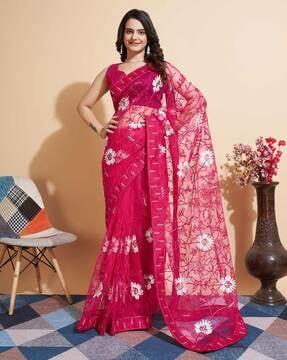 women embroidered net saree with border