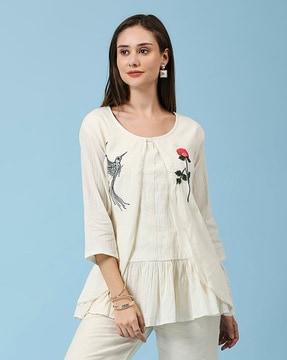 women embroidered no darts flared tunic