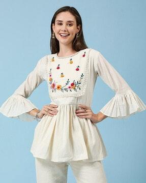 women embroidered no darts flared tunic