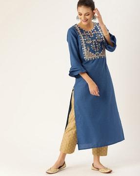 women embroidered no darts straight kurta