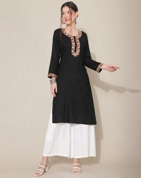 women embroidered no darts straight kurta