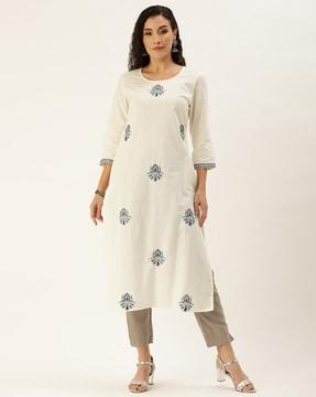 women embroidered no darts straight kurta