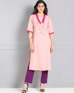 women embroidered no darts straight kurta