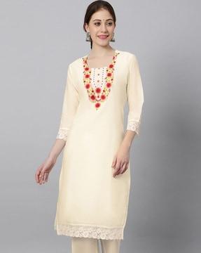 women embroidered no darts straight kurta