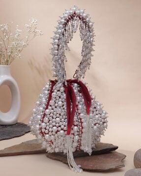 women embroidered pearl beaded potli bag with string