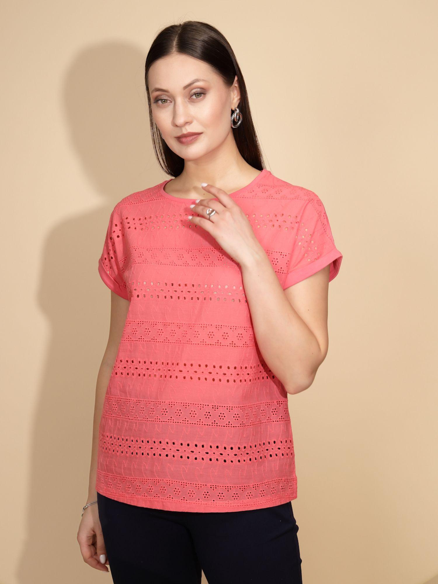 women embroidered pink half sleeves round neck top