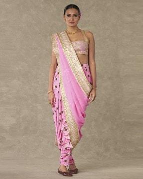 women embroidered pre-stitched dhotu saree with contrast border
