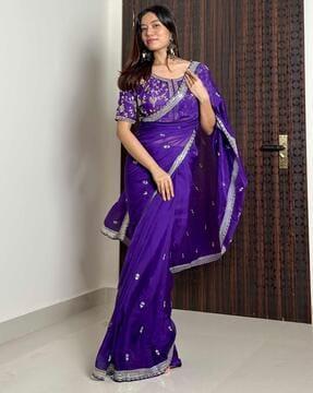 women embroidered pre-stitched saree with contrast border