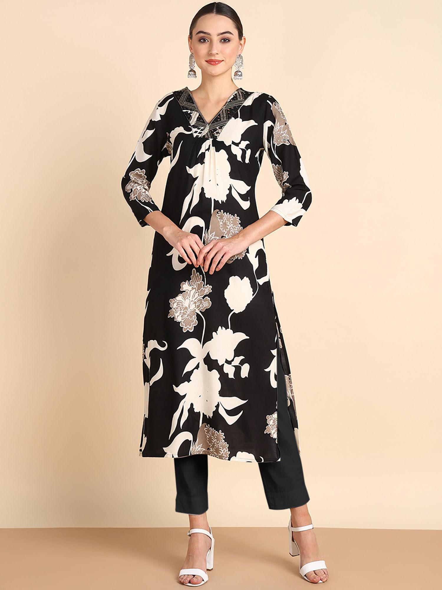 women embroidered printed rayon black straight kurta