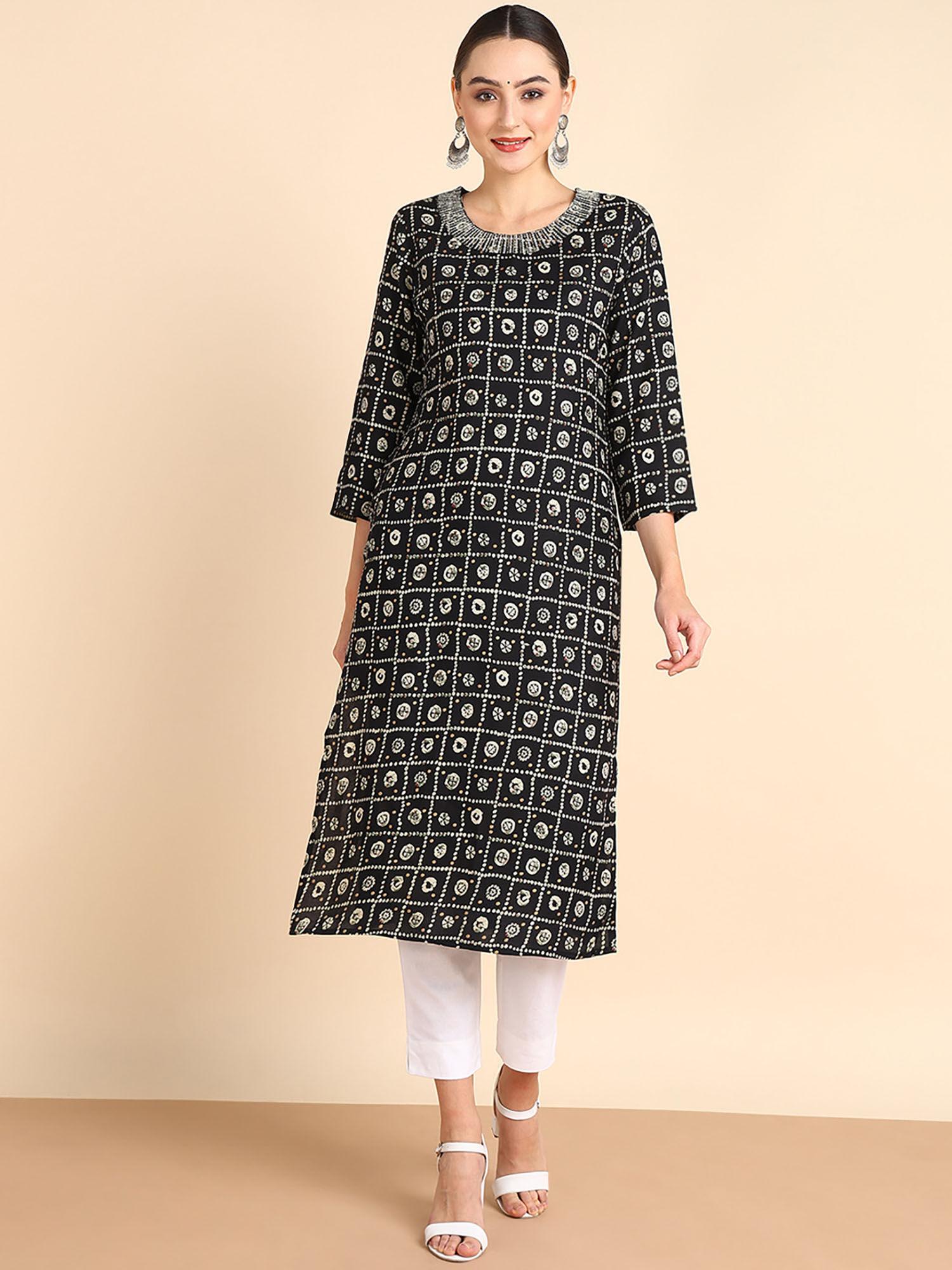 women embroidered printed rayon black straight kurta