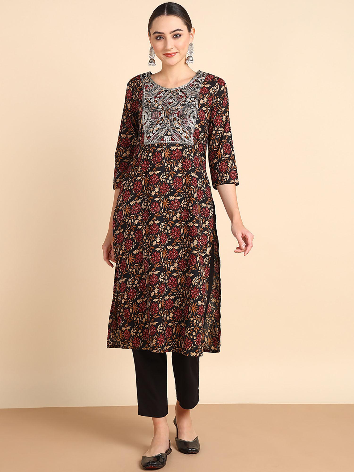 women embroidered printed rayon black straight kurta