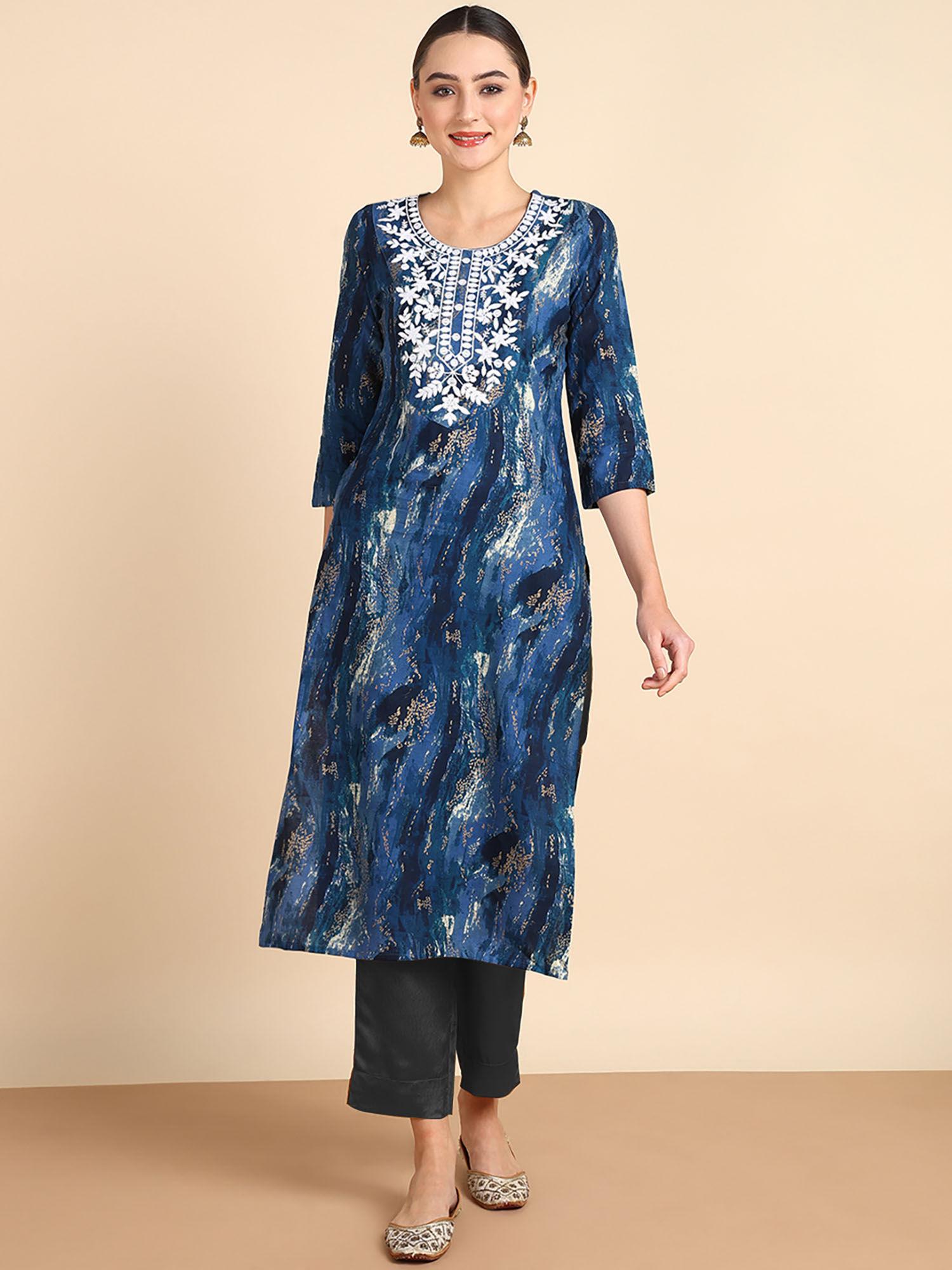 women embroidered printed rayon blue straight kurta