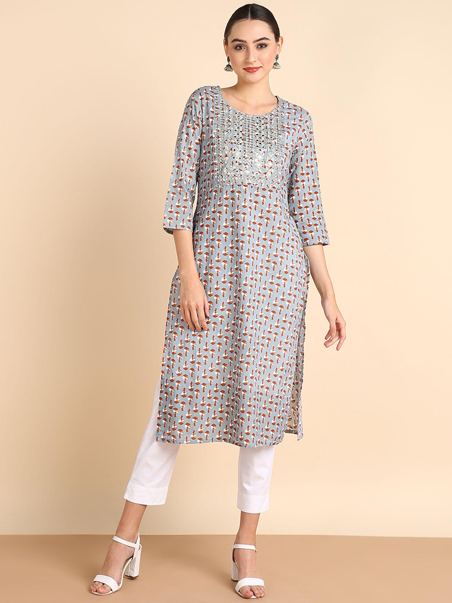 women embroidered printed rayon grey straight kurta