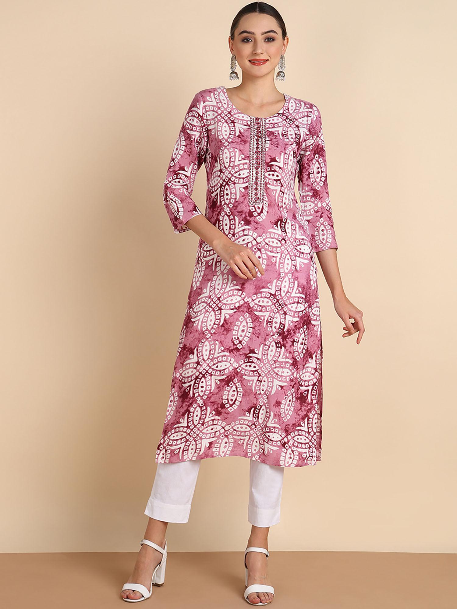 women embroidered printed rayon mauve straight kurta