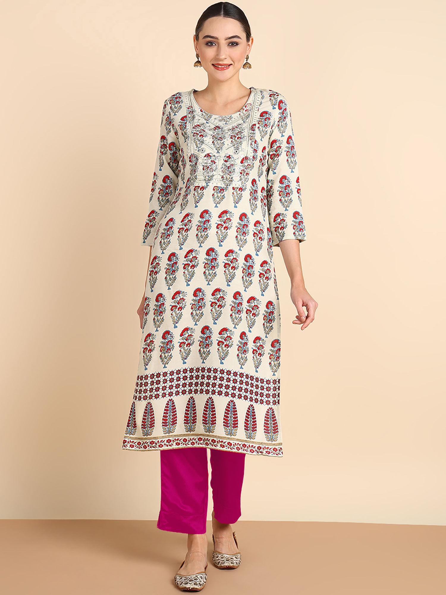 women embroidered printed rayon off white straight kurta