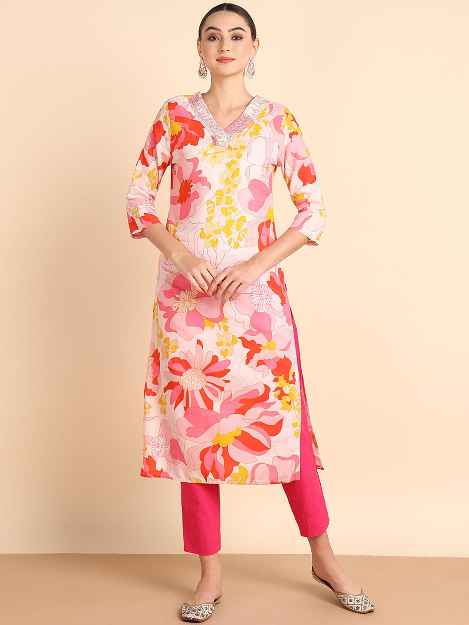 women embroidered printed rayon pink straight kurta