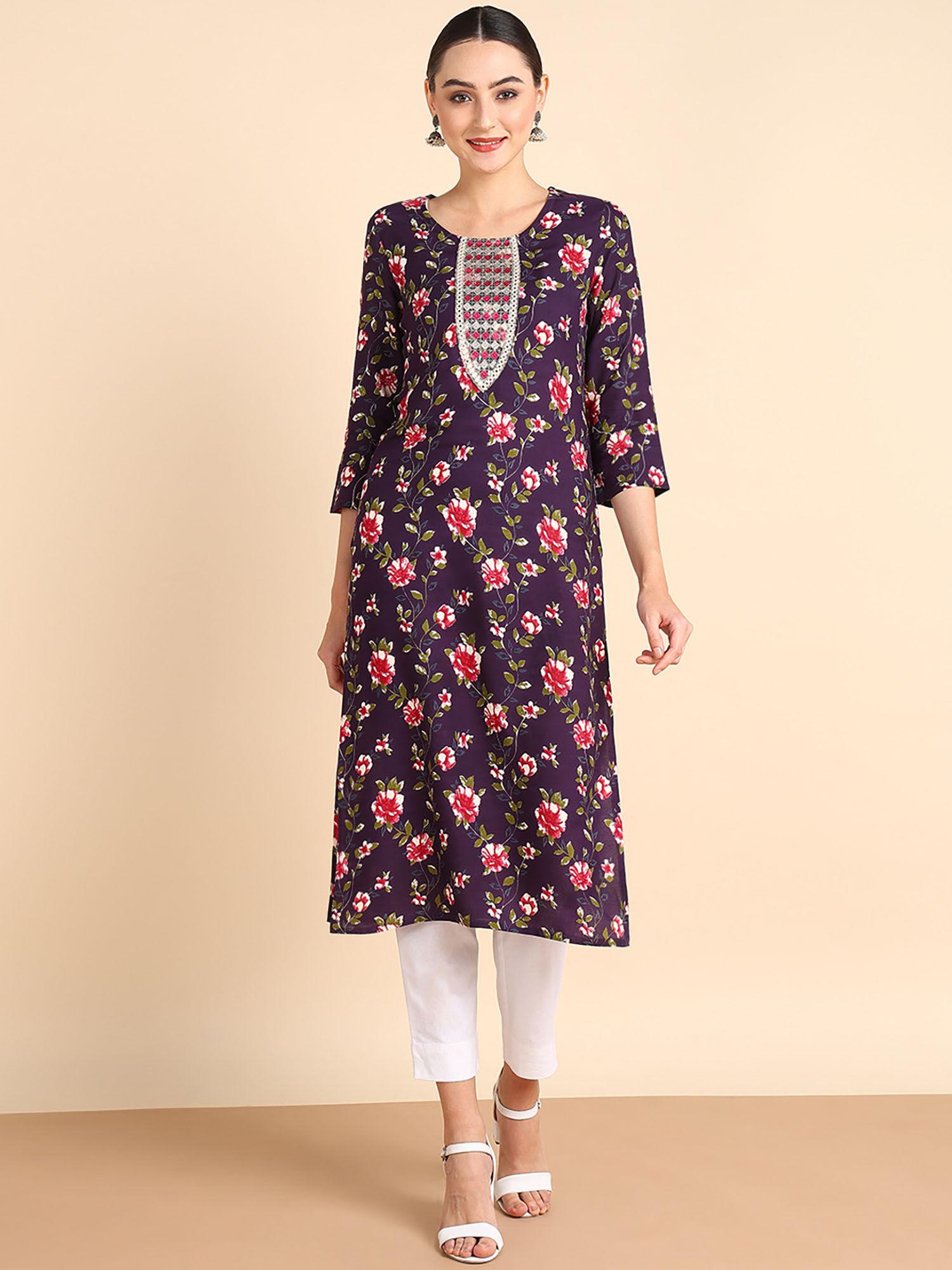 women embroidered printed rayon purple straight kurta