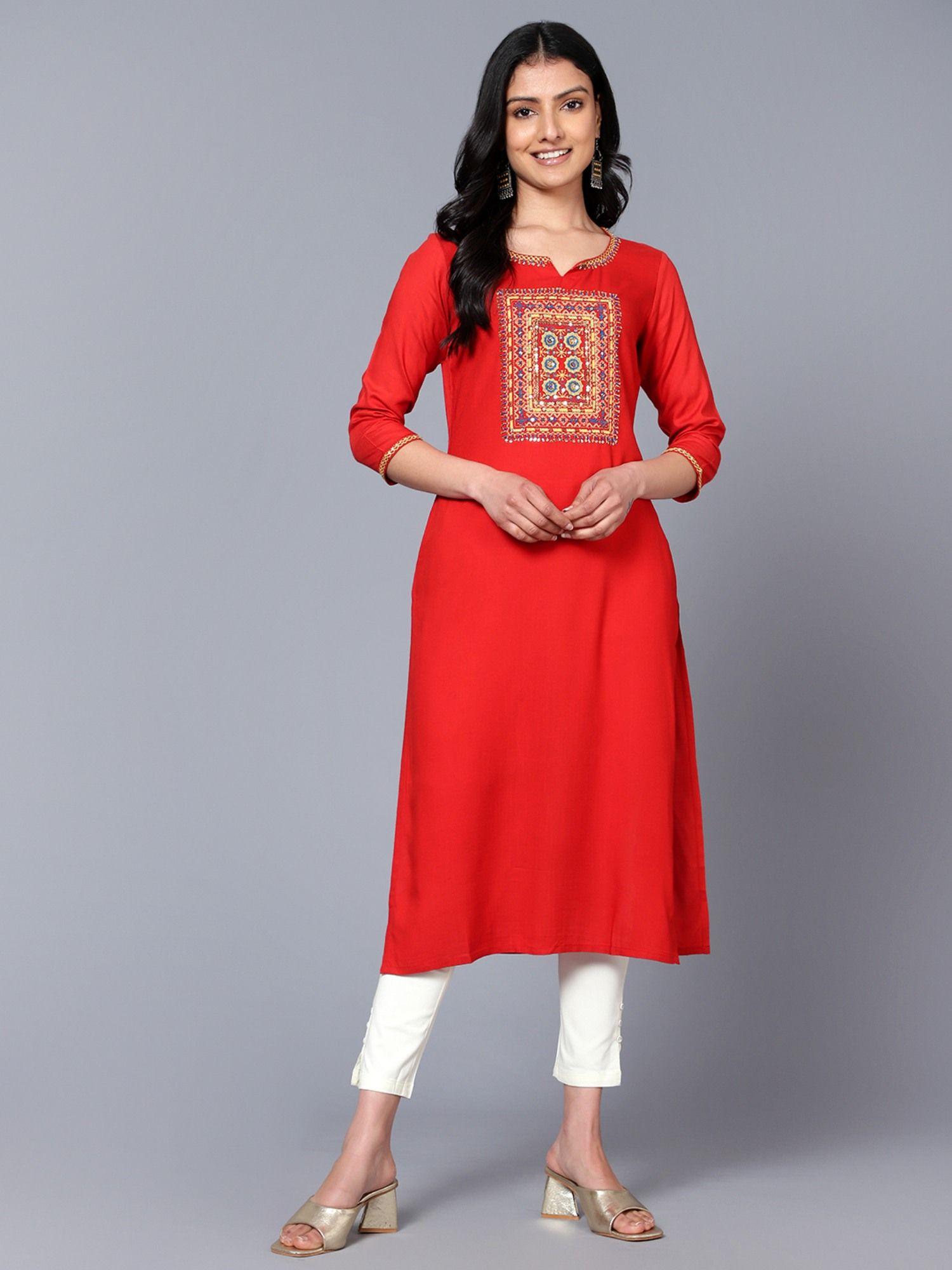 women embroidered red kurta