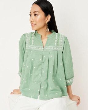 women embroidered regular fit blouse with mandarin neck