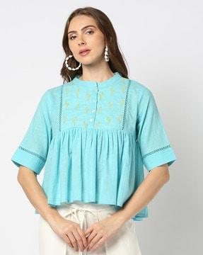 women embroidered regular fit gathered top